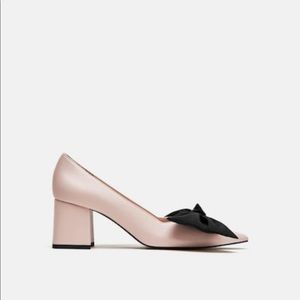 Zara pale pink court shoes, black bow, thick heel